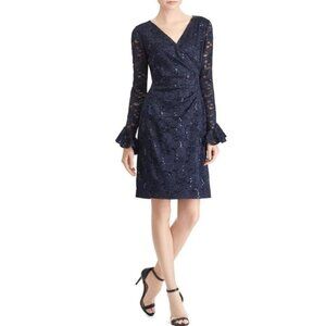 Lauren Ralph Lauren Sequined Lace Navy Blue Long Sleeve Cocktail Dress Size 14